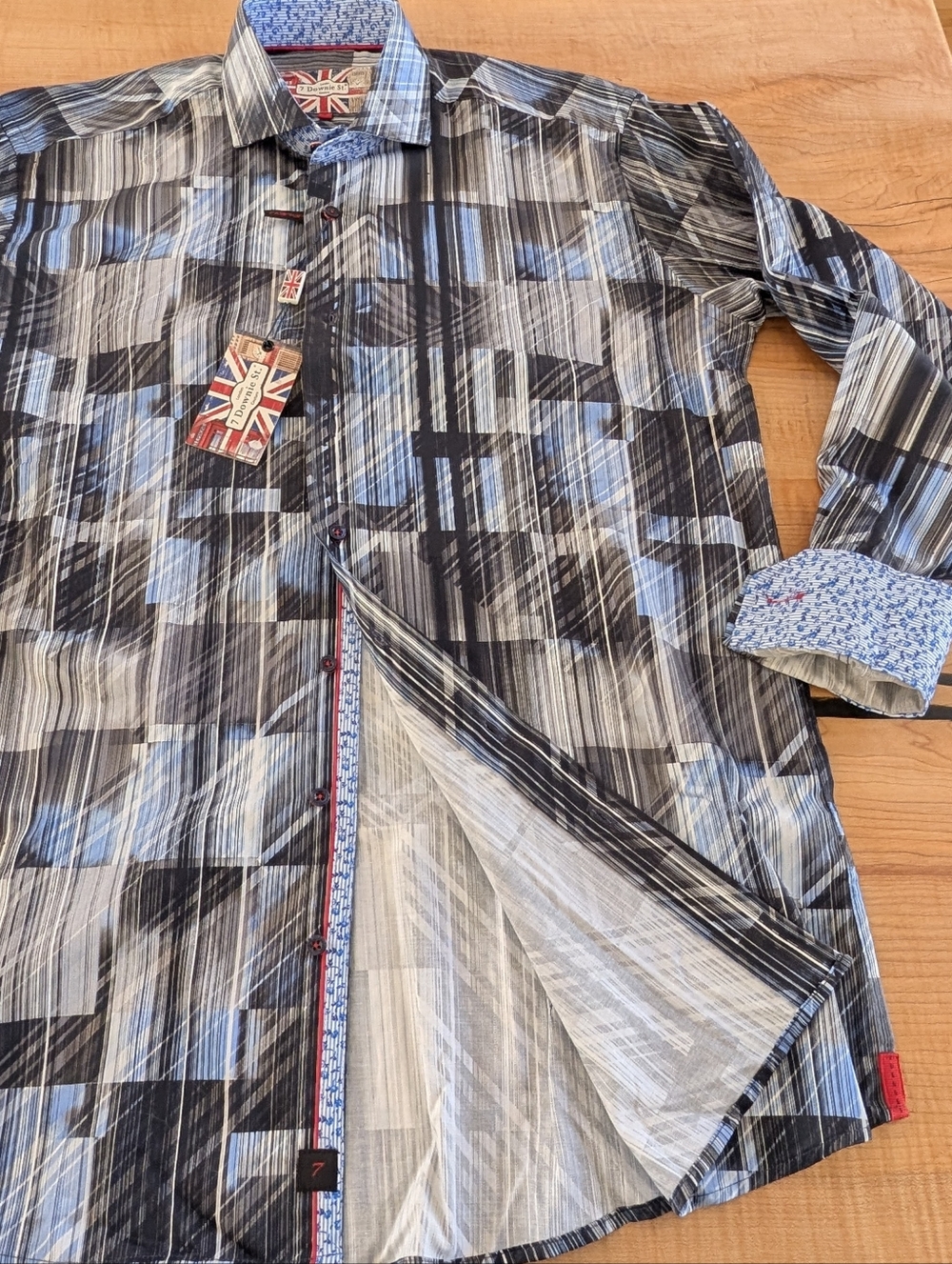 NWT 7 Downie St. Couture MESSINA Sport Shirt - Blue Abstract Geometric - Size 5